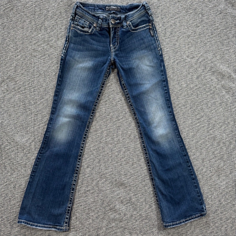 Silver Jeans Co Suki Mid Rise Bootcut Blue Denim Jeans W26 L30 Thick Stitch W26